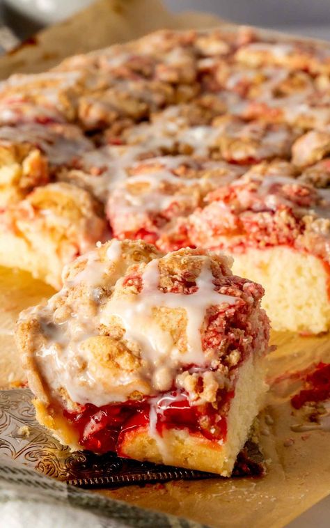 Up close shot of a slice of Cherry Coffee Cake. Breakfast For Christmas, Cherry Coffee Cake, Apple Fritter Cake, Peach Cobbler Cake, Classic Coffee Cake, Almond Coffee Cake, Breakfast Cheese, Southern Desserts, Cheese Danish