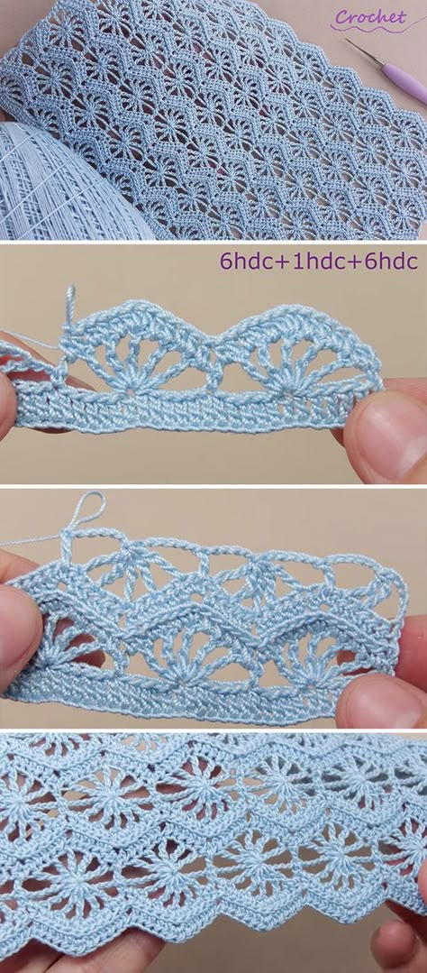 Háčkované Lemy, Crochet Knit Stitches, Crochet Edging Patterns, Crochet Lace Edging, Crochet Bolero, Crochet Lace Pattern, Crocheted Lace, Crochet Borders, Crochet Stitches Patterns