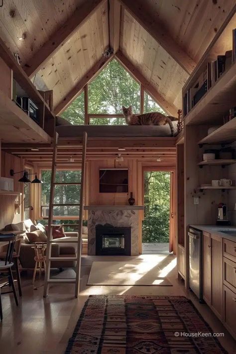 36 Tiny Houses With Fireplaces That Look Amazing (Pictures) Rustic House Decor Ideas, Tiny House Fireplace, Open Concept House, House Fireplace, Wood Burners, Small Fireplace, Camp Site, Modern Tiny House, Tiny Cabin