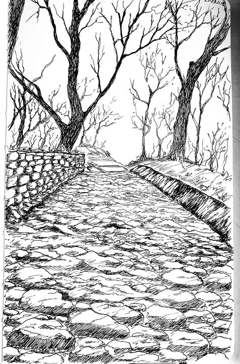 Road Drawing Easy, Road Drawing, Rock Path, Drawing Rocks, Art Loft, Stone Road, Landscape Stone, Garden Drawing, Stone Path