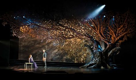 I like the lighting effect in the tree, where the branches become silhouettes. Looks kind of like a web. Theatrical Scenery, Stage Lighting Design, Drury Lane, Theatre Inspiration, Theatre Lighting, Alvin Ailey, Set Design Theatre, Stage Set Design, Theatre Stage