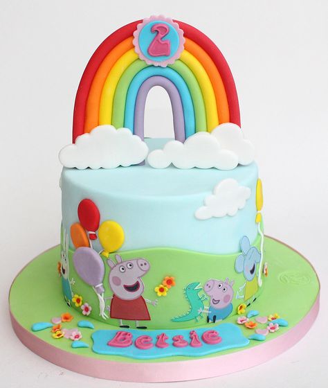 Peppa Pig Rainbow Cake, Rainbow Cake Ideas, Rainbow Topper, Fondant Rainbow, Peppa Pig Birthday Party Decorations, Peppa Pig Invitations, Peppa Pig Birthday Cake, 2nd Birthday Cake, Pig Birthday Cakes