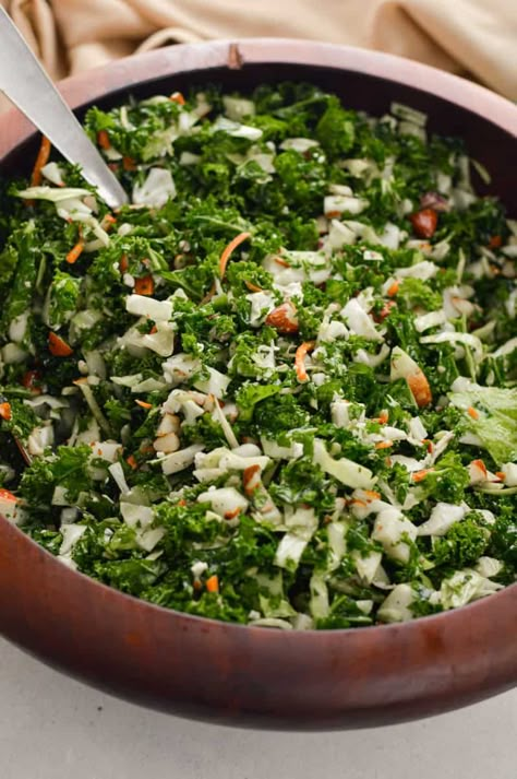 Homemade Kale Crunch Salad (Chick-Fil-A) Chic Fil Et Kale Salad, Kale Cabbage Salad Recipes, Chickfila Kale Crunch Salad Recipe, Chic Fil A Kale Crunch Salad Recipe, Chic Fil A Kale Salad Recipe, Kale Salad Chick Fil A, Kale Crunch Salad Chick Fil A Recipe, Gf Df Salad, Chick Fil A Kale Salad Recipe