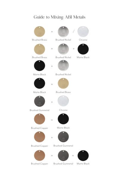 Mixed Metals Master Bath, Mix Black And Brass Hardware, Bathroom Mixed Metals Black And Gold, Guide To Mixing Metals, Mixed Metals Bathroom Brushed Nickel, Types Of Brass Finishes, Gold And Black Mixed Metal Bathroom, Mixing Metals In Bathroom Chrome, Mixed Metals Kitchen Hardware