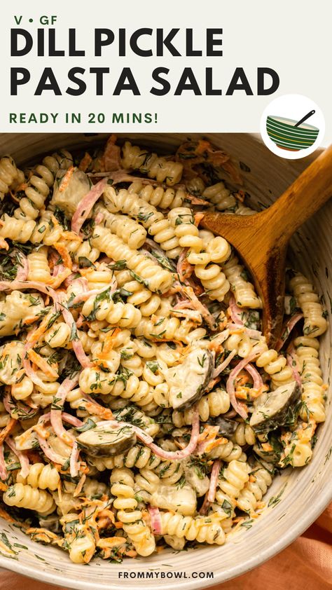 Calling all dill pickle lovers with this Dill Pickle Pasta Salad recipe! It's tangy, garlicky, creamy, and the ultimate summertime dish. Gluten-free, Oil-free, Soy-free option. Recipes Using Dill Pickles, Oms Recipes, Dill Pickle Pasta Salad Recipe, Pickle Pasta Salad Recipe, Bag Meals, Pickle Salad, Pickle Pasta Salad, Pickle Pasta, Vegan Blt Sandwich