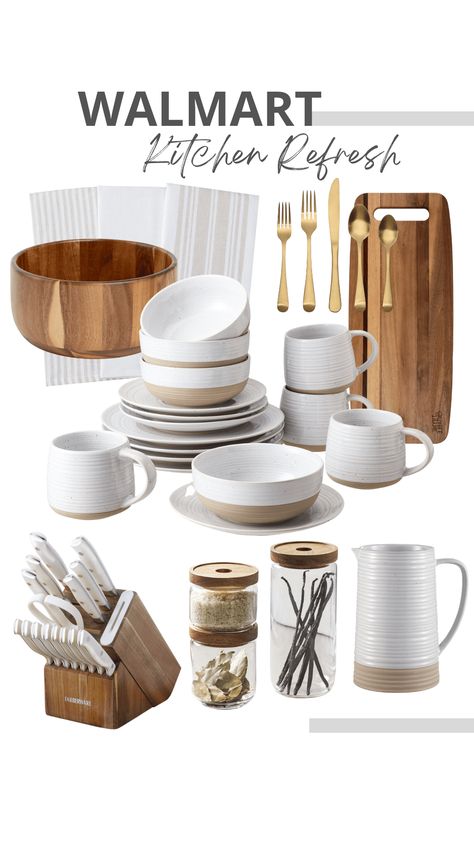 Walmart Neutral Kitchen Refresh - Walmart Finds Beige Kitchen Decor Ideas, Qvc.com For The Home, Cute Kitchen Dishes, Walmart Kitchen Decor, Neutral Kitchen Appliances, Kitchen Dishes Sets Aesthetic, Walmart Home Decor Ideas, Cute Kitchen Things, Neutral Dishware