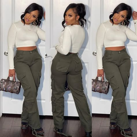 Cargo Pants Outfit Black Women Fall, Khaki Cargo Pants Outfit Black Women, Green Cargo Pants Outfit Fall, Fall Cargo Pants Outfit, Cargo Pants Winter Outfit, Plus Size Cargo Pants Outfit, Olive Green Cargo Pants Outfit, Cute Cargo Pants Outfits, Cargo Pants Outfit Black Women