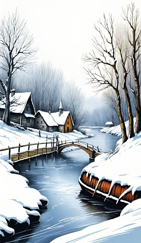 Winter Landscape Painting Easy, Marcello Barenghi, Winter Scene Paintings, Fall Drawings, Egg Shell Art, Winter Landscape Painting, Christmas Landscape, Graphic Art Prints, Nature Drawing