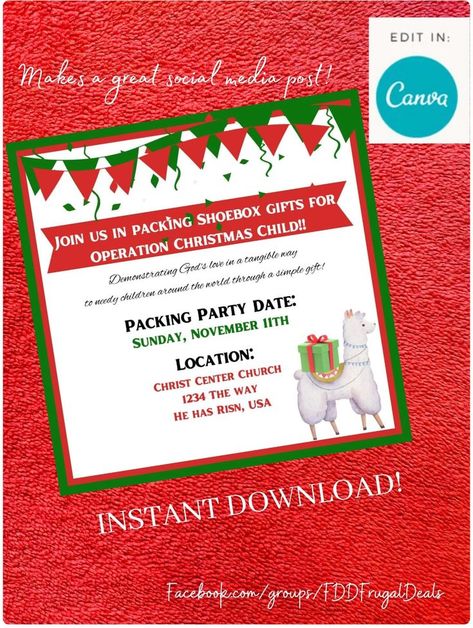 Instant download and editable on Canva! This pre-made graphic is perfect to help spread the word about your packing party!! The work is done for you, just add your details on your packing party for OCC shoeboxes! Don't forget to follow my facebook group for all the deals to add to your shoeboxes! Operation Christmas Child Packing Party, Packing Party, Publication Facebook, Church Signs, Christmas Child, Operation Christmas, Party Invite Design, Operation Christmas Child, Party Invitations Kids