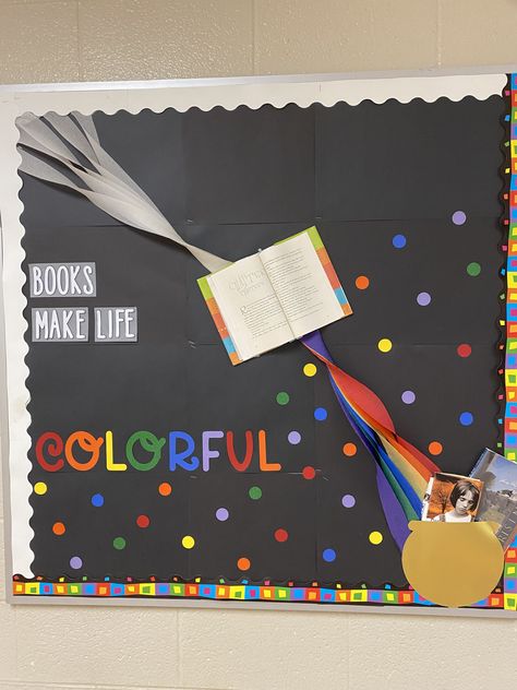 Books Make Life Colorful Bulletin Board, Rainbow Library Display, Reading Gives You Wings Bulletin Board, Welcome Back Library Displays, Elementary School Library Aesthetic, Magic Words Classroom Decoration, Elementary Library Bulletin Board Ideas, Rainbow Bulletin Boards, School Library Decor