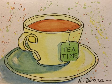 Tea Watercolor Painting, Tea Time Drawing, Cup Of Tea Painting, Tea Party Painting, Teacup Drawing, Teapot Drawing, Tea Drawing, Tea Painting, Tea Cup Drawing