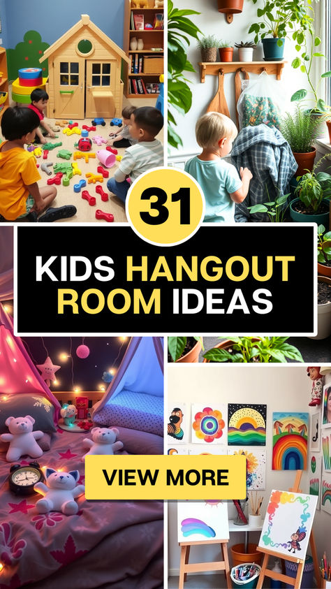 Turn your home into the ultimate hangout spot with these 31 creative kids hangout room ideas! From cozy reading nooks and colorful play zones to DIY forts and tech-friendly spaces, these designs are perfect for inspiring fun and imagination. Discover clever storage solutions, budget-friendly decor tips, and must-have features like #16 that will make every kid beg to stay. Click to explore all the fun and functional ideas for your kids’ new favorite room! Closet Hangout Space Ideas, Tv Room For Kids, Grandkids Playroom At Grandmas, Family Room Ideas Kid Friendly, Play Zones For Kids, Basement Kids Hangout, Kids Hangout Room Ideas, Playroom Ideas For Older Kids, Hangout Room Ideas Teen Lounge