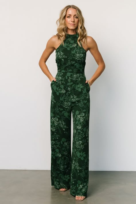 Elevate your style with our deep green jumpsuit adorned with a beautiful green multi-flower design. With convenient side pockets, this jumpsuit combines fashion and functionality, making it a perfect choice for any occasion. Fall Wedding Guest Attire, Garden Party Formal, Rectangle Body Shape Outfits, Wedding Guest Inspiration, Dressy Jumpsuits, Black Halter Jumpsuit, Garden Formal, Formal Wedding Attire, Body Shape Outfits