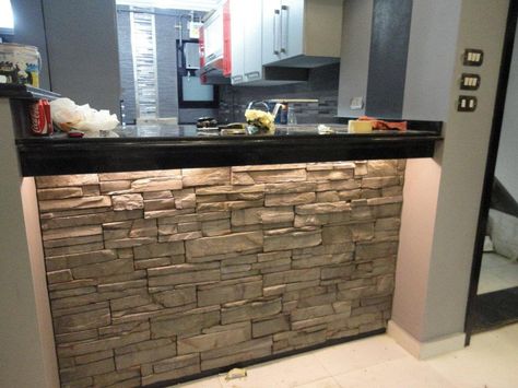 stone eat in bars in kitchens | Condo Kitchen Bar | Kitchen Stone Aplications Kitchen Island With Rock Stones, Counter Lighting, Kitchen Stone, Kitchen Bar Design, Building A Kitchen, Basement Bar Designs, Condo Kitchen, Stone Bar, Stone Backsplash