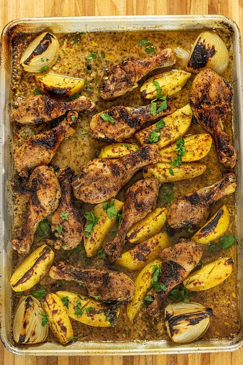 Greek Chicken Drumsticks & Potatoes Sheet Pan Dinner Chicken Drumsticks Sheet Pan Dinner, Drumstick Sheet Pan Dinner, Sheet Pan Drumsticks, Greek Chicken Drumsticks, Cabin Dinners, Potato Sheet Pan Dinner, Chicken Legs In Oven, Bring To A Bbq, Potato Sheet Pan