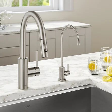 Kraus Oletto Filter Combination Pull Down Single Handle Kitchen Faucet With Handles, Water Filtration, and Supply Lines - Wayfair Canada Water Filter Faucet, Faucet Design, Bottled Water, Single Handle Kitchen Faucet, Reusable Water Bottles, Water Faucet, Kitchen Sink Faucets, Water Filtration, Water Dispenser