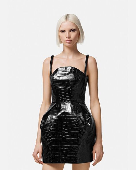 Versace Croc-Effect Leather Mini Dress | VERSACE Dresses Versace, Designer Dresses For Women, Versace Dress, Dress Gallery, Versace Home, Leather Mini Dress, Dresses Cocktail, Mini Dress Black, Gianni Versace