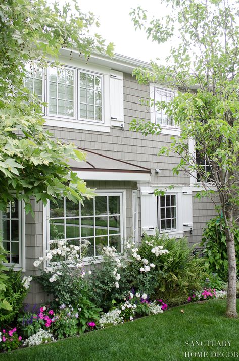 How Window Shutters and Planter Boxes Transformed the Exterior of My House - Sanctuary Home Decor Window Shutters Indoor, Shutters Indoor, Sanctuary Home Decor, Shutters Window, Types Of Shutters, Sanctuary Home, White Shutters, House Shutters, Window Trim Exterior