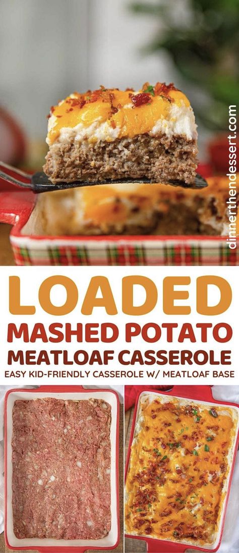 Loaded Mashed Potato Meatloaf Casserole is beef meatloaf, loaded mashed potatoes, bacon and cheese baked until crispy. #dinner #casserole #meatloaf #meatloafcasserole #mashedpotatoes #cheddarcheese #loadedmashedpotatoes #holidaydinner #weeknightdinner #dinnerthendessert Loaded Mash Potatoe Meatloaf, Rocambole Stuffed With Cheese, Chop Meat Dinner Ideas, Meatloaf Topped With Mashed Potatoes, Cheesy Loaded Meatloaf Casserole 12 Tomatoes, Loaded Mashed Potato Meatloaf, Mashed Potatoes And Meatloaf, Loaded Meatloaf And Potato Casserole, Loaded Meatloaf Casserole 12 Tomatoes