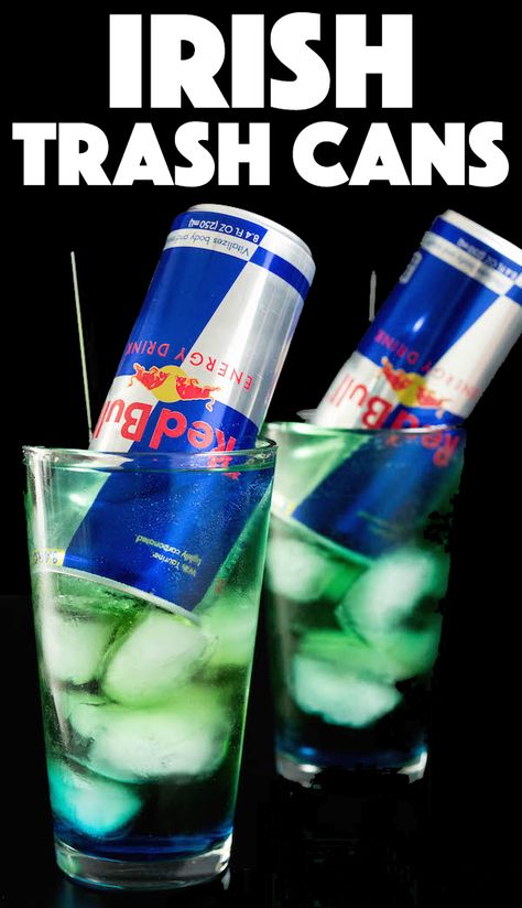 Irish Trash Can Red Bull Cocktail #cocktails #redbull Red Bull Cocktails, Irish Trash Can, Trash Can Drink, Vodka Redbull, Shots Alcohol Recipes, Red Bull Energy Drink, Red Bull Drinks, Irish Drinks, Shots Alcohol