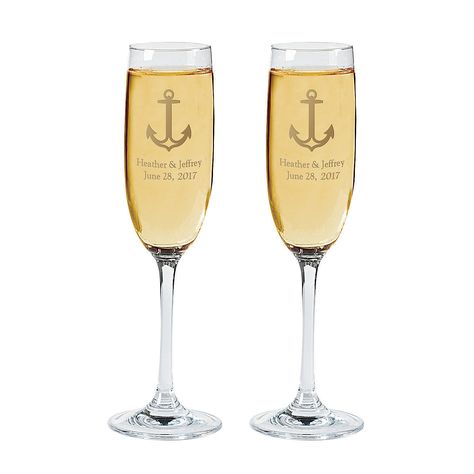 Personalized Nautical Wedding Flutes - OrientalTrading.com Nautical Guest Book Ideas, Nautical Table Numbers, Nautical Wedding Guest Book, Nautical Theme Wedding My Wedding Favors, Navy Weddings, Wedding Yacht, Nautical Wedding Favors, Anchor Wedding, Beach Wedding Decorations Reception