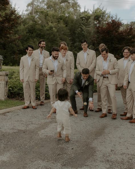 Tan Suit Ring Bearer, Tan Suit Groomsmen Green Bridesmaid, Tan Linen Wedding Suit, Groomsmen Tan Suit Green Tie, Earth Tone Groomsmen Attire, Sand Colored Groomsmen, Tan Linen Groomsmen Suits, Khaki Suit Groomsmen, Tan Suit With Olive Green Tie