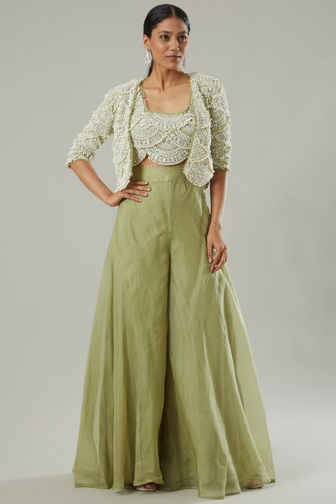 Organza Palazzo Set, Palazzo Sets Indian, Palazzo Blouse Outfit, Palazzo Dress Designs, Ethnic Palazzo Outfit, Plazo With Crop Top Western, Organza Indo Western Outfits, Palazzo And Top Outfit, Crop Top And Plazo Outfit Ideas