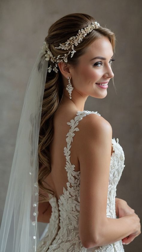 Discover stunning bride hairstyles for long hair including veil brunette side bridal style veil half braid style ideas easy brunette loose waves vintage flowers style ideas straight simple Perfect for achieving an elegant and timeless look on your big day Explore these beautiful and versatile options for your wedding hairstyle inspiration Fingertip Veil Hairstyles, Long Hair With Veil Brides, Wedding Hairstyles With Veil And Tiara, Bridal Hair With Veil Half Up, Bride Hairstyles For Long Hair With Veil, Half Up Half Down Bridal Hair With Veil, Wedding Hair Down With Headband, Wedding Hairstyles For Long Hair With Veil, Long Hair With Veil