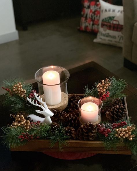 Square Tray Christmas Decor Ideas, Decorating A Tray For Christmas, Christmas Serving Tray Decor, Christmas Ottoman Tray Decor, Christmas Coffee Table Decor Trays, Christmas Tray Decor Ideas, Christmas Coffee Table Decor Ideas, Christmas Coffee Table, Coffee Table Decor Ideas