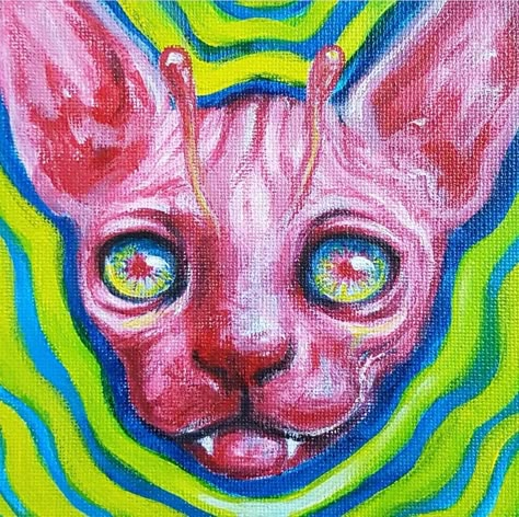 Weird Things To Paint, Weird Acrylic Painting, Alien Cat Drawing, Alien Cat Art, Weirdcore Painting, Weird Painting Ideas, Funky Painting Ideas, Weird Art Painting, Paintings Trippy