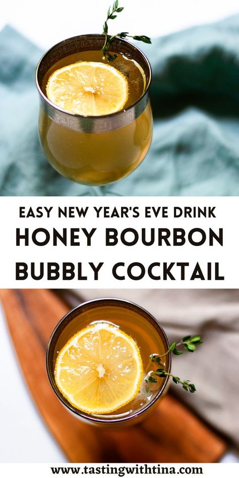 Ring in the new year with this easy and refreshing New Year's Eve Honey Bourbon Bubbly Cocktail! Nye Desserts, Nye Drinks, Nye Cocktail, Bar Tending, Fresh Fruit Drinks, New Years Eve Drinks, Honey Cocktail, New Year's Drinks, New Years Cocktails