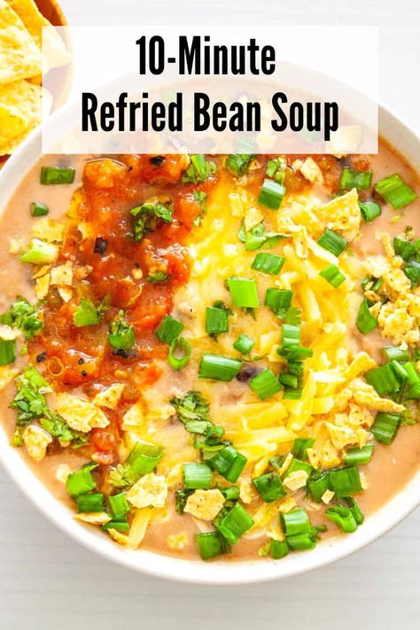 Refried Beans Soup, Refried Bean Soup Recipes, Leftover Refried Beans Recipes, Soup With Refried Beans, Leftover Refried Beans, Leftover Pinto Beans, Recipes With Refried Beans, Chili Recipes Instant Pot, Can Refried Beans Recipe