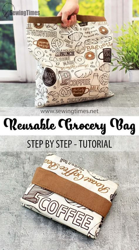 DIY Reusable Grocery Bag | Easy way to make a shopping bag [sewingtimes] Diy Reusable Grocery Bags, Sac Diy, Diy Bag Designs, Diy Bags Purses, Tote Bags Sewing, Beginner Sewing Projects Easy, Bag Sewing, Easy To Sew, Bag Patterns To Sew