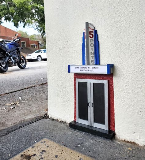 Big City, Tiny Doors Giant Tiny Art, Desk Fairy Door, Fairy Door Inside House, Tiny Doors, Large Fairy Door, Weekend In Atlanta, Miniature Door Double, Art Club Projects, Urban Ideas