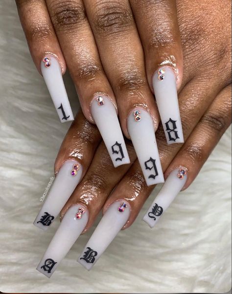 Old English Numbers On Nails, Nail Designs With Numbers, 1998 Nails Design, 27 Birthday Nails, 27th Birthday Nails, Number On Nails Design, Birthday Year Nails, 1993 Nails, Nails With Old English Letters