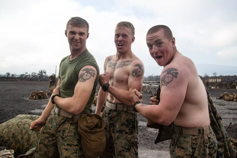 Marines show off their tattoos at Pohakuloa Training Area. #marines #usmc #marinecorps #marinelife #marineslife #military #usmilitary #militarylife #hawaii Marines Aesthetic, Usmc Tattoo Sleeve, Marines Tattoo, Angelic Men, Usmc Tattoos, Marine Men, Marine Corps Tattoos, Usmc Tattoo, Marine Military