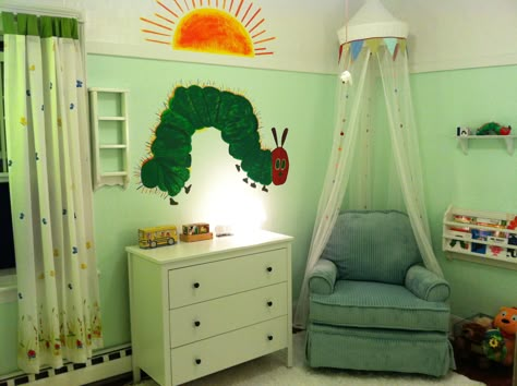 Baby Nursery, based off of the children's book "The Very Hungry Caterpillar." Caterpillar Nursery, Hungry Caterpillar Bedroom Ideas, Hungry Caterpillar Bedroom, Eric Carle Nursery Theme, Eric Carle Playroom, Eric Carle Nursery, Very Hungry Caterpillar Nursery, The Very Hungry Caterpillar Nursery, Hungry Caterpillar Nursery