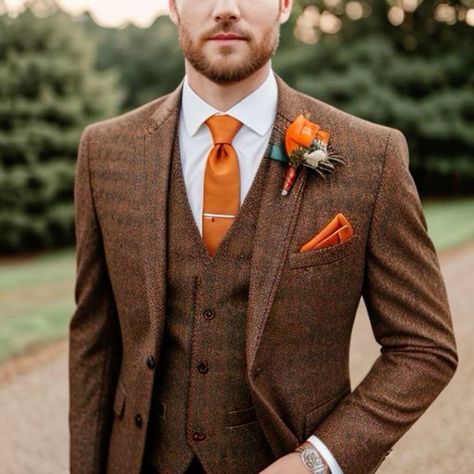 Burnt Orange Groomsmen Attire, Brown Suit Wedding, Fall Groomsmen, Brown Groomsmen, Fall Wedding Suits, Rustic Wedding Suit, September Wedding Colors, Fall Groom, Orange Weddings