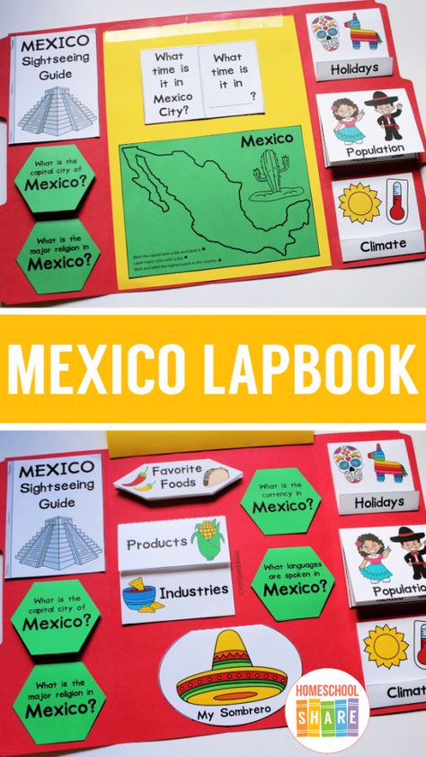 Mexico Lapbook – Homeschool Share Mexico Facts For Preschool, Mexico Board Project, Mexico Geography Project, Mexico Project Ideas, Mexico Classroom Theme, Country Research Projects For Kids, Mexico Homeschool Activities, Mexico Unit Study For Kids, Mexico Unit Study