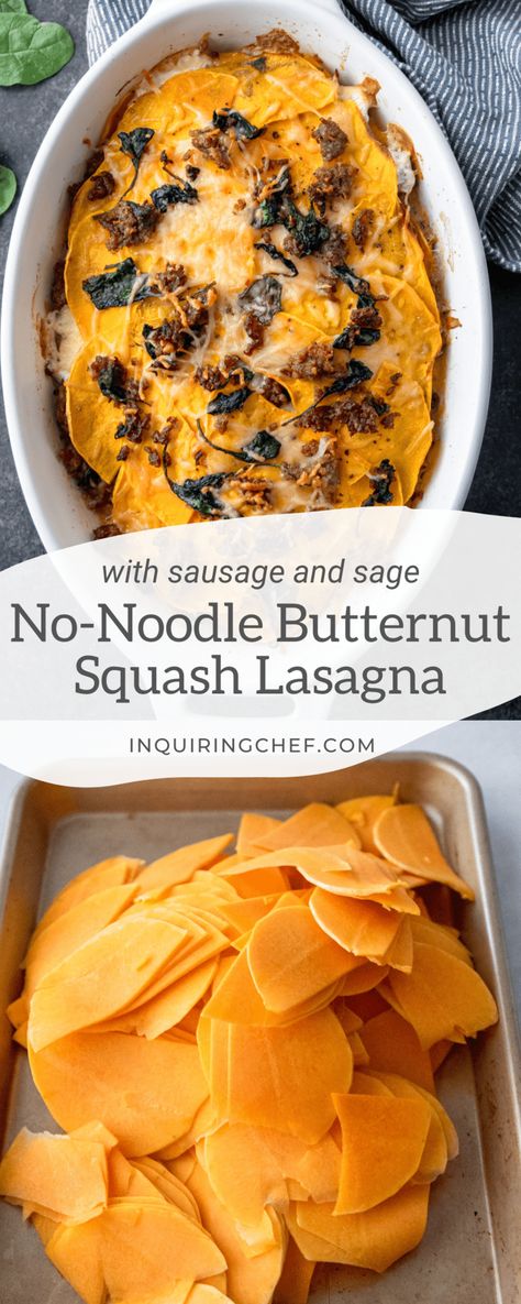 Get your cheesy, vegetable-packed, cozy fix with this lasagna-inspired casserole that uses tender slices of butternut squash in place of traditional noodles. Butternut Vegetarian Recipes, Dinner Ideas Squash, Butternut Lasagna Recipe, Acorn Squash Lasagna, Butternut Squash Recipes Slow Cooker, Butternut Squash Slices, Quick Veggie Dinner, Warm Fall Meals, Butternut Squash Stir Fry