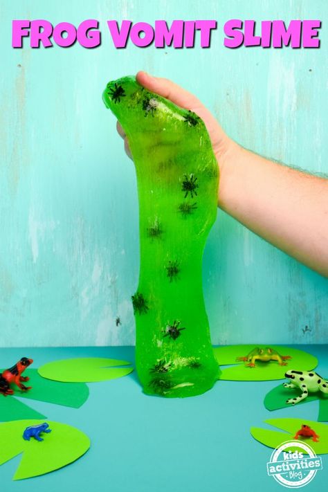 Frog Vomit Slime | A disgustingly cool bug-filled slime recipe #diyslime #slimerecipe #kidsactivities Reptile Science Activities For Preschool, Frog Slime, Slime Recipe Kids, Frog Games, Pond Animals, Emergent Curriculum, Zoo Activities, Frog Birthday, Summertime Crafts