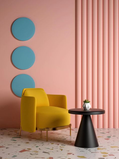 Memphis Furniture, Memphis Design Pattern, Interior Minimalista, Interior Room, Memphis Design, 3d Studio, Pink Wall, Interior Trend, Interior Design Trends