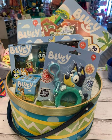 All things Bluey for the most AA-MAZING Easter Basket! We’re OPEN 10- 4 Saturday, or shop online: https://www.learningrailroad.com/iishop form_version=2&showSearchResults=1&search_keyword=bluey&image=Search #bluey #learningrailroad #toystorepaducah Bluey Easter Basket Ideas, Pass The Parcel Game Bluey, Bluey Birthday Party Pass The Parcel, Bluey Keepy Uppy Tag, Bluey Toys 2022, Birthday Deco, Baby Shower Baskets, Birthday Basket, Bluey Birthday