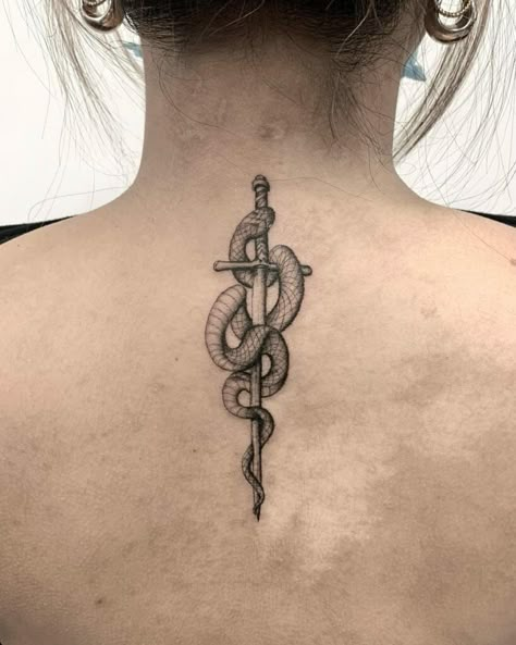 Tiny Hip Tattoo, Pen Tattoo Ideas, Scorned Woman, Tattoo Cobra, Snake And Dagger Tattoo, Snake Tattoo Meaning, Spine Tats, Spine Tattoo Ideas, Serpent Tattoo