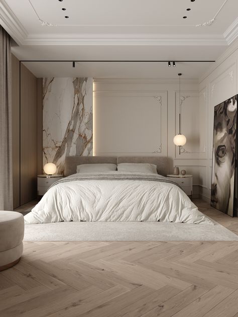 Creme project :: Behance Neoclassic Modern Interior, Contemporary Classic Bedroom, Luxury Classic Interior, Neoclassic Interior, Modern Neoclassical, Classic Mood, Classical Interior, Casa Interior, Neoclassical Interior