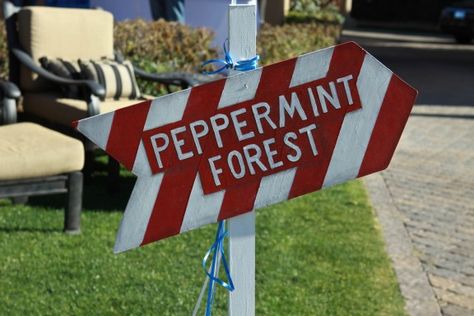 Peppermint forest sign inspiration Candyland Peppermint Forest Decorations, Peppermint Forest Door Decorations, Peppermint Forest Candyland, Peppermint Forest School Hallway, Candyland Peppermint Forest, Peppermint Forest Decorations School, Peppermint Party Theme, Candy Cane Forest Decorations, Creepy Candyland