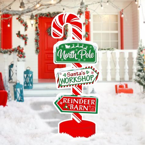 So Cute! Outdoor directional yard sign directs you to the north pole, santa's workshop, and the reindeer barn! North Pole Santa's Workshop, Christmas North Pole, North Pole Sign, Garden Winter, Santa's Workshop, Christmas Yard Decorations, Christmas Hanging Decorations, Decor Signs, Christmas Yard