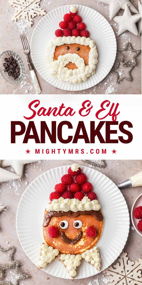 Elf and Santa Pancakes Festive Christmas Breakfast, Turkey Pancakes For Kids, Kids Christmas Breakfast Ideas, Christmas Waffles For Kids, Polar Express Food Ideas Movie Nights, Santa Claus Pancakes, Grinch Pancakes For Kids, Christmas Pancakes For Kids, Kids Christmas Food Ideas