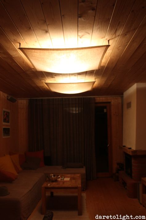 A fluorescent light is hidden behind a transparent canvas veil in a ceiling of a cottage to prevent glare and to soften the light. Fluorescent Light Covers Diy Ideas, Flourescent Box Light Update, Canvas Ceiling, Fluorescent Light Covers Diy, Kitchen Lightening, Florescent Light Cover, Lofted Bedroom, Flourescent Light, Fluorescent Light Covers