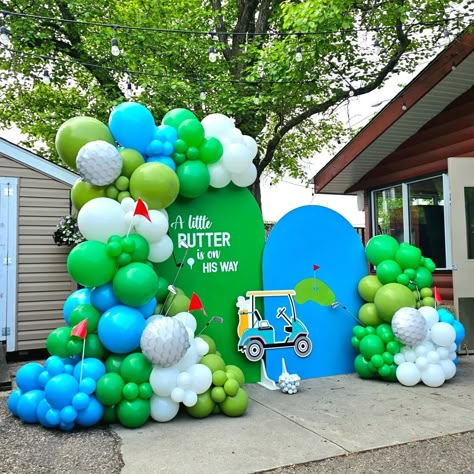 Golf Themed Balloon Garland, Golf Balloon Arch, Golf Baby Shower Ideas, Golf Gender Reveal, Golf Baby Showers, Golf Theme Party, Golf Baby, Golf Birthday Party, Gender Reveal Balloons